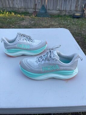 Hoka SkyFlow Women's 7B Running Sneakers in Gray & Aqua with Coral Accents